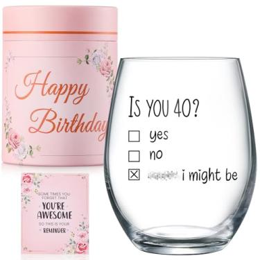 Imagem de Presentes de aniversário de 40 anos para mulheres, taça de vinho com caixa de presente delicada e cartão - Ideia engraçada de presente de aniversário de 40 anos para ela - Artigos de decoração de