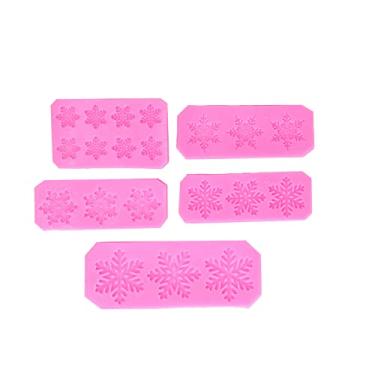 Imagem de Moldes de silicone de floco de neve, sem viscoso, flexível, 5 formatos diferentes, decorações de bolo de chocolate diy, ferramentas de cozimento de natal, rosa, 5 peças
