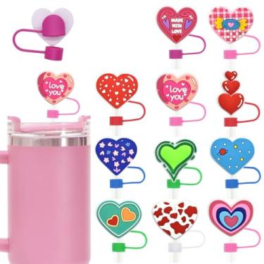 Imagem de CEWEWP Capa de dispensador de canudo de silicone para copo Stanley, 11 peças compatível com cobertura de palha de coração para dia dos namorados, tampa de palha reutilizável para canudos de 10 mm para