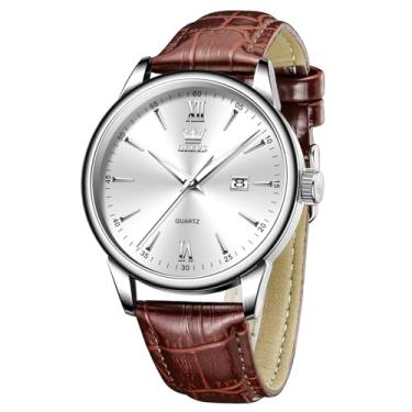 Imagem de OLEVS Relógios de couro masculinos com pulseira de couro para homens com data, à prova d'água, rosto grande, fácil leitura, casual, quartzo, analógico, minimalista, Relojes para Hombres, Couro marrom