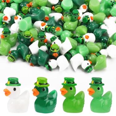 Imagem de 100 peças de mini patos de resina de trevo, minúsculos patos de resina, chapéu verde irlandês do dia de São Patrício, figuras de patos em miniatura para enfeite em vaso, decoração de paisagem