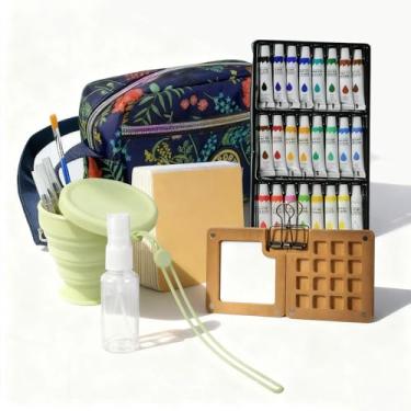 Imagem de Tobios Kit de aquarela mini conjunto de viagem conjunto de aquarela com paleta de madeira de 15 grades, bolsa transversal, tinta de 24 cores, 1 pincel, clipe de cobre e caderno de desenho para pintura
