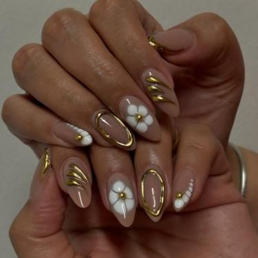 Imagem de Unhas postiças curtas médias amêndoas nude rosa com flor simples ouro pérola círculo linhas Desien cobertura completa cola acrílica falsa em unha para mulheres, 24 peças