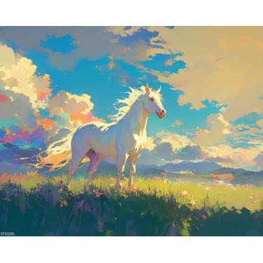 Imagem de XTXGERL Kit de pintura de cavalo branco por números para adultos, pintura estética por número em tela, kits de pintura a óleo digital de arte abstrata adequados para decoração de parede de casa