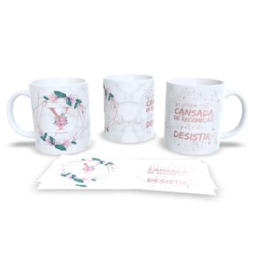 Imagem de Caneca Decorativa com Flores, Cerâmica Branca, 325ml, Design Floral Rosa e Verde, Frase Motivacional em Português (y)