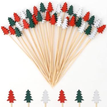 Imagem de 100 peças de palitos de árvore de Natal de 4,7 polegadas para aperitivos, palitos de coquetel de Natal para bebidas, alimentos, cupcake espetos de bambu, tábuas de charcutaria, acessórios, decorações