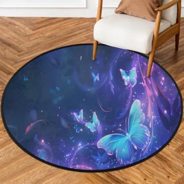 Imagem de Tapete redondo, borboleta, galáxia, azul, colorido, macio, círculo, antiderrapante, lavável, tapete circular para quarto, berçário, sala de estar, cozinha, banheiro, entrada, decoração de casa