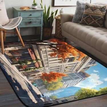 Imagem de Tapete de área para sala de estar, lavável à máquina, aquarela, cidade, rua, antiderrapante, tapete macio, para sala de estar, quarto, sala de jantar, berçário, cozinha, decoração de casa