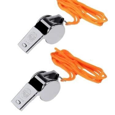 Imagem de Kit 2 Apitos Profissionais com Cordão Metal Cromado e Cordão Laranja Acessório para Árbitro e Treinador