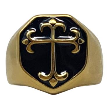 Imagem de ED HARDY Anel masculino de aço inoxidável dourado com cruz, Aço inoxidável, Sem pedra preciosa