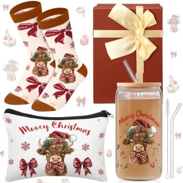 Imagem de Skylety O conjunto de presente de vaca Highland da Coquette de Natal inclui copo de vidro de 473 ml com tampa e palha, bolsa fofa de maquiagem, presentes de vaca Highland de Natal para mulheres