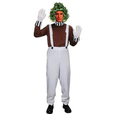 Imagem de HLENOK Macacão masculino adulto de fábrica de chocolate para trabalhador de fábrica, macacão, luvas, peruca, fantasia, cosplay de Halloween, adereços, Branco, marrom, XXG