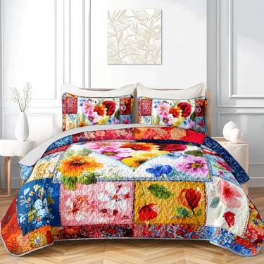 Imagem de QOOMO Conjunto de colcha infantil com flores fofas, estampa de plantas em aquarela, tamanho casal/queen, decoração de quarto colorido, macio e leve para todas as estações, 1 conjunto de colcha e 2