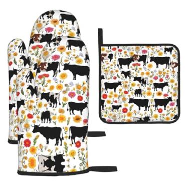 Imagem de Cattle Farm Sanctuary – Conjunto de cozinha essencial com 3 peças, luvas resistentes ao calor e aderência da tampa, proteção para churrasco no forno, design de armazenamento suspenso.