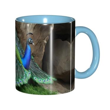 Imagem de Canecas de café criativas com impressão de penas de pavão verde, personalizadas, presente para família, tamanho de 325 ml, unissex