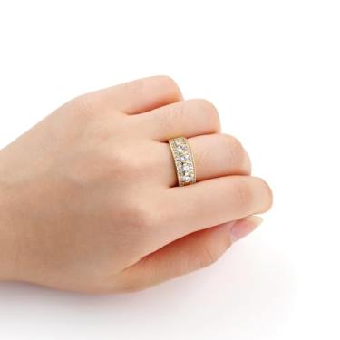 Imagem de Anel feminino dourado, ouro rosa e branco de zircônia larga – design elegante, brilhante, moderno e confortável, leve e durável, perfeito para uso diário, festas e trabalho YC6477, One Size, Latão