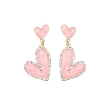 Imagem de Brincos pendentes de coração de cristal rosa esmaltados para mulheres, delicados, fofos, dourados, brincos de coração, pendurados, leves, modernos, joias Y2K para namorada e ela