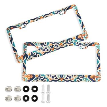 Imagem de CEBUGI Pacote com 2 molduras de placa de carro de alumínio capas de moldura de placa de carro com 2 furos padrão floral acessórios automotivos para placas dianteiras e traseiras orifício elíptico