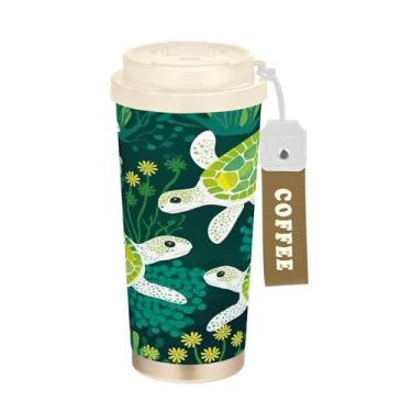 Imagem de YETTASBIN Caneca de café de viagem com isolamento térmico de tartaruga verde de 500 ml com canudo, copo à prova de derramamento e vazamento com alça para bebida quente e fria, garrafa de água de aço