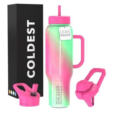 Imagem de Copo Coldest com alça e canudo, copo 100% à prova de derramamento com canudo (3 tampas), copos isolados de aço inoxidável à prova de vazamento para mulheres e homens, suporte de copo, 1,304 g (Coldie