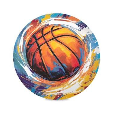 Imagem de xigua Jogo americano redondo de pintura de basquete, conjunto de 6 para mesa de jantar, tapetes de mesa antiderrapantes laváveis e resistentes ao calor para decoração de festa, cozinha, jantar