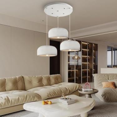 Imagem de Luminária pendente moderna e criativa com altura ajustável para ilha de cozinha, estilo wabi-sabi, com cúpula em formato de tigela e 3 lâmpadas, iluminação decorativa artística branca para r