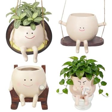 Imagem de Fyrolumin Pacote com 4 vasos de plantas fofos – Resina de PVC macio pequeno pendurado para decoração interna e externa para suculentas, presente para amantes de plantas, aniversário, Natal