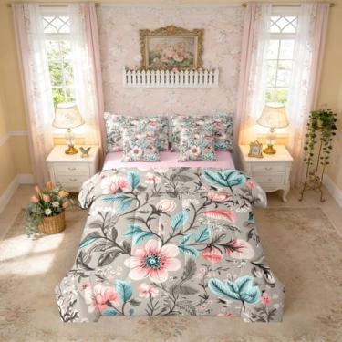 Imagem de Erosebridal Conjunto de edredom floral rosa e cinza, 7 peças, tamanho casal, para mulheres, adultos, meninas, crianças, retrô, vintage, plantas, lençol em um saco, aquarela, botânica, estética