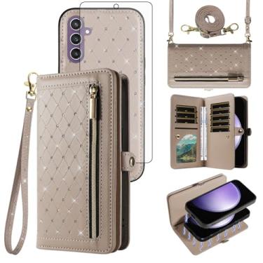 Imagem de Asuwish Capa de celular para Samsung Galaxy S23 FE 5G Carteira com zíper destacável com protetor de tela de vidro temperado alça transversal Bling Flip suporte para cartão de crédito S 23 EF S23FE 23S