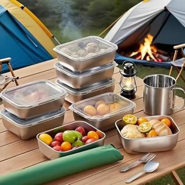 Imagem de 3 recipientes quadrados de aço inoxidável para armazenamento de alimentos com tampas, empilháveis, vedantes herméticos para legumes, frutas, salada, carne, cozinha, despensa, geladeira, freezer