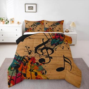 Imagem de Erosebridal Conjunto de edredom King com notas musicais para crianças, adolescentes e adultos, conjunto de cama com arte de grafite, retrô vintage para todas as estações, conjunto de colcha de prancha