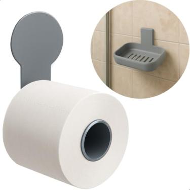 Imagem de Porta Papel Higienico，Supoapel Higienico Caixa Acoplada，NãO é NecessáRio Perfurar; Pode Ser Fixado Com Fita Adesiva Dupla-Face，FáCil de Limpar，Adequado para Casas de Banho, LavatóRios e Lavabos(Cinza)