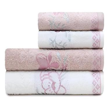 Imagem de Conjunto de quatro peças: toalha de banho e toalha de rosto (Branco/Rosé)