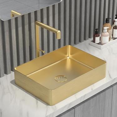 Imagem de Pia de vaso de banheiro de tigela pequena, pia de vaso de aço inoxidável, pia retangular acima do balcão, pia de banheiro dourada, pia de penteadeira, bacia de arte de bancada para banheiro (com