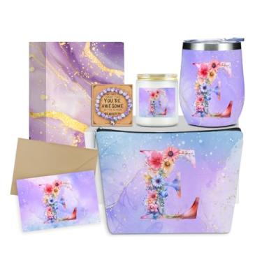 Imagem de XLRSDF Presentes personalizados monograma presentes de aniversário para mulheres, filha bestie amizade Natal Halloween inicial copo de vinho bolsa de maquiagem conjunto de pulseira vela perfumada