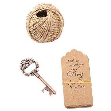 Imagem de Ainoli vintage bronze chaves abridor de garrafa com etiquetas cartão fita de seda decoração do festival de casamento (20pcs + etiqueta + corda de cânhamo)