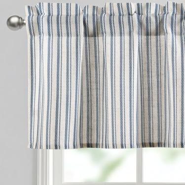 Imagem de JIUZHEN Sanefa de cozinha de 106 x 45 cm - Cortina de saia listrada de linho texturizado grosso com bolso de haste de 7,6 cm, azul listrado vertical (1 painel)