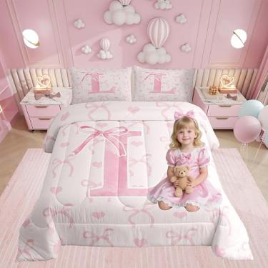 Imagem de Erosebridal Conjunto de cama com letra A-Z, tamanho infantil, para mulheres, adolescentes, meninas, rosa, G, alfabeto, kawaii, borboleta, laço, quente, amor, corações, decoração de quarto, edredom