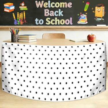 Imagem de Saia de mesa preta e branca de bolinhas pretas e brancas com bolinhas pintadas em preto para professores, saias retangulares, para sala de aula, sala de aula, material de estante de livros