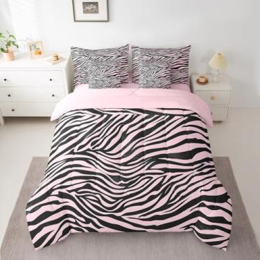 Imagem de Feelyou Conjunto de cama solteiro zebra para todas as estações, estampa animal, 7 peças, para crianças, meninos, meninas, preto e rosa em uma bolsa com edredom, lençóis, fronhas e capa de almofada