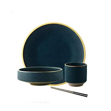 Imagem de Prato de jantar redondo verde escuro, tigela de sopa, xícara, pauzinhos, adequado para salada de bife, sobremesa, louça de grés, conjunto de 4 peças Pratos de jantar (tamanho: 2 pacotes) ()