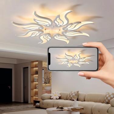 Imagem de Luminária de teto LED com design criativo de flor, dimerizável com controle remoto, moderna para sala de estar, quarto, sala de jantar e escritório (branca, 8 lâmpadas).