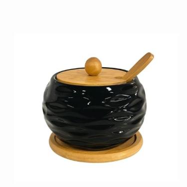 Imagem de Pote com Tampa de Bambu Bandeja Com Colher Saleiro Cerâmica Mesa Açucareiro Temperos 350 ml para Cozinha Brasileira(PRETO)