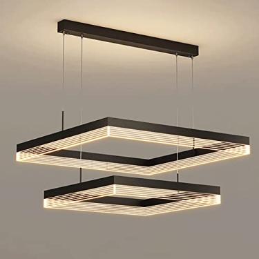 Imagem de Lustre quadrado de metal com 2 lâmpadas e cúpula de acrílico, luminária pendente preta para sala de jantar, luminária suspensa LED moderna e regulável, luminárias de suspensão lineares retan