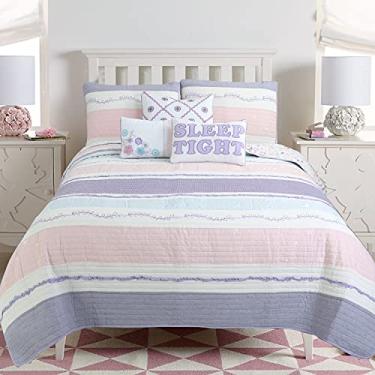 Imagem de Conjunto de cama de colcha dupla reversível com estampa de estrela e borboleta com babados bordados, 2 peças, rosa, roxo, azul, branco, algodão e branco, da Cozy Line Home Fashions