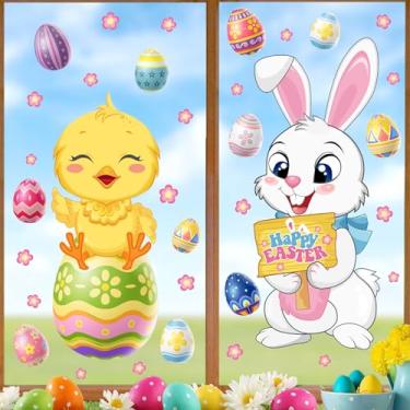 Imagem de Adesivo grande para janela de páscoa dupla face, Happy Easter Window Sticker Indoor Easters Bunny Decalques estáticos para janelas de vidro, adesivos de vinil removíveis de ovos de páscoa para sala de