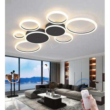 Imagem de Luminária de teto LED dimerizável, preta/dourada, com design moderno e criativo em formato de anel, controle remoto e iluminação suave para os olhos, ideal para sala de estar, quarto e escri