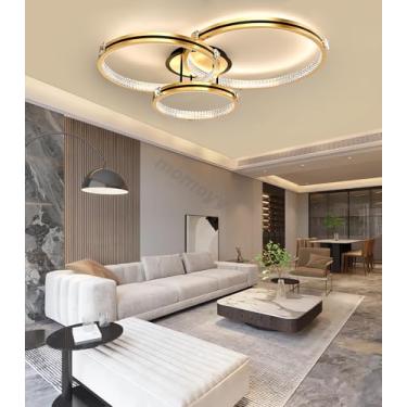 Imagem de Luminária de teto LED de 95 cm com anel de cristal, redonda, moderna e regulável, para sala de estar, quarto, 65 W, com controle remoto, iluminação embutida para teto, ideal para cozinha e s