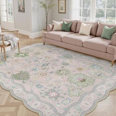 Imagem de LORWER Oushak Tapete de área para quarto 12 x 18 cm - vintage boho floral rosa geométrico, lavável, tapete antiderrapante para quarto de bebê, hall de entrada, decoração de quarto estética