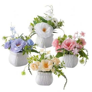 Imagem de Flores artificiais com vaso de cerâmica, 4 peças de arranjo de rosa de jade branca - decoração floral de primavera - flores artificiais em vasos de cerâmica para decoração de mesa de centro de mesa
